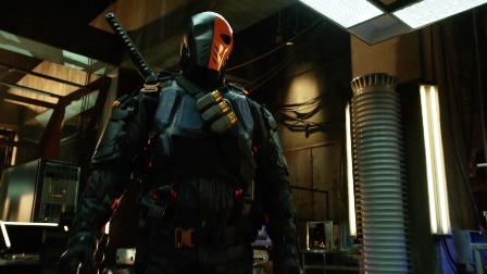 Slade: (muffled) "Hewo, kid."  Ollie: "What?"  "Hewo, kid!"  "What the hell did you just say?  I can't hear you trhough that mask!"  "HELLL WWWO KEDDDD!"  "Huh?"  