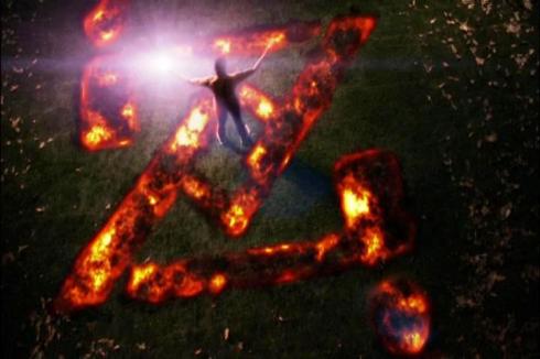 Some people just piss write in snow, but this naked guy burns his mark on the grass.